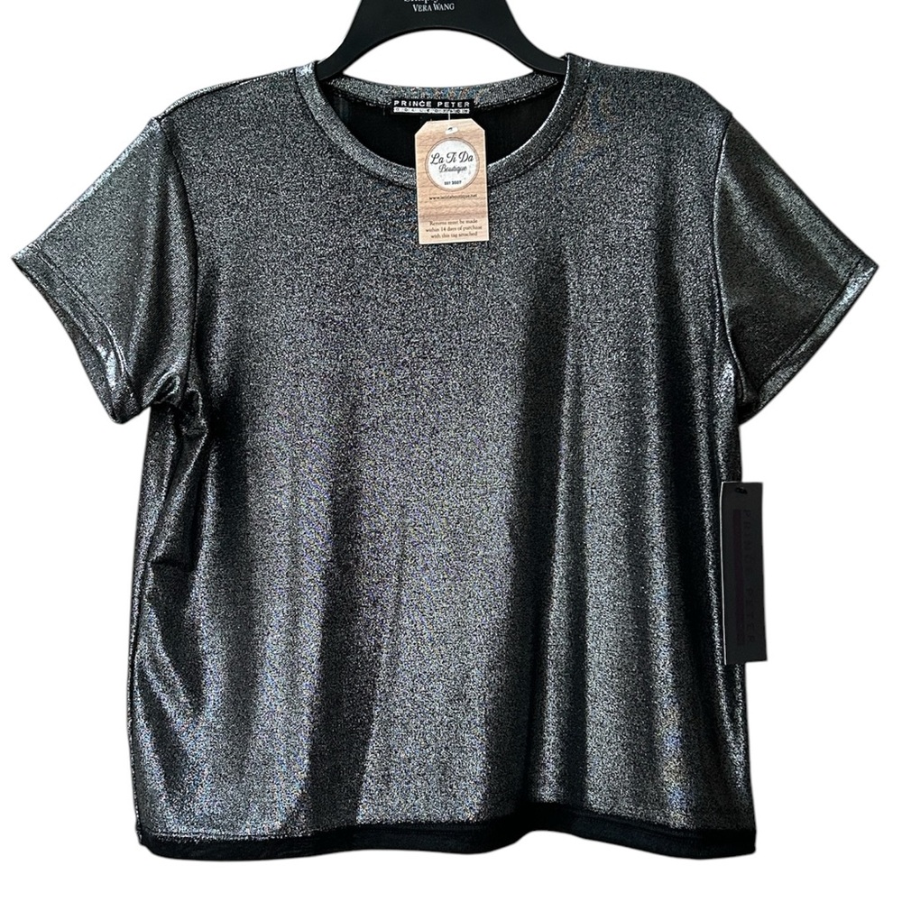 NWT Prince Peter Collection Dk Gray Silver Metallic Short Sleeve Tee Top Size L - Picture 2 of 12
